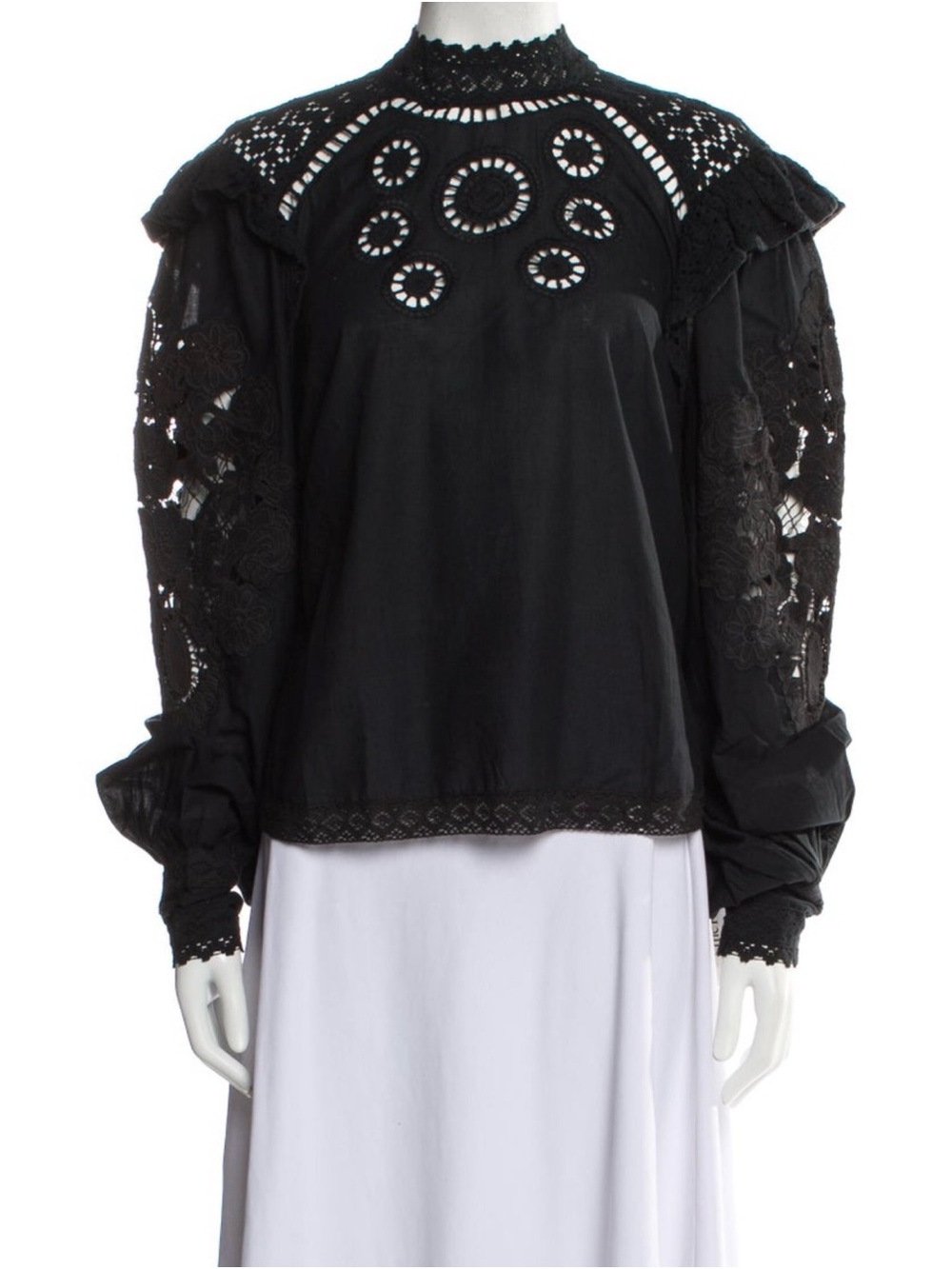 FARM Rio Black Crochet & Eyelet Long-Sleeve Blouse